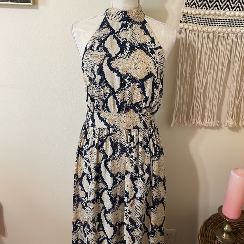 Navy & Cream Halter Snakeskin Print Maxi Dress by Willa / Size Medium